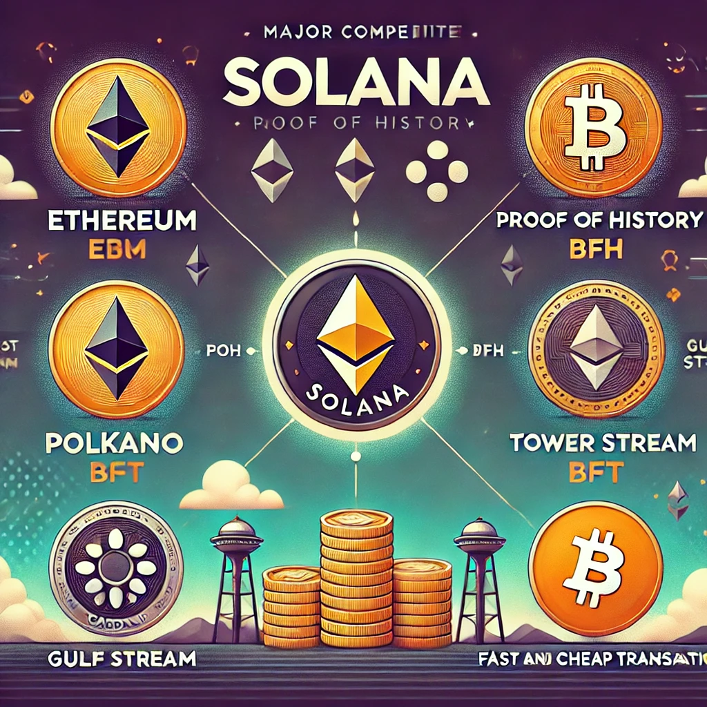 SOLANA, Ethereum, Polkadot, Cardano, kriptovaluta, versenytársak, Proof of History, PoH, Tower BFT, Gulf Stream, gyors tranzakciók, olcsó tranzakciók, blokklánc, skálázhatóság, biztonság,