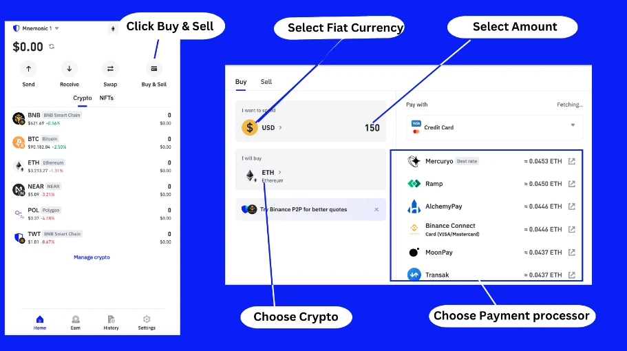 kriptovaluta vásárlás Trust Wallet kriptotárca segítségével, kripto vétel Trust Wallet appon és számítógépen