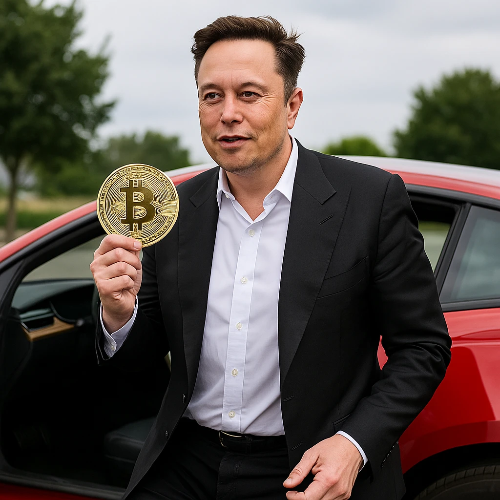 Elon Musk Bitcoin tart a kezében amikor kiszáll a Teslából