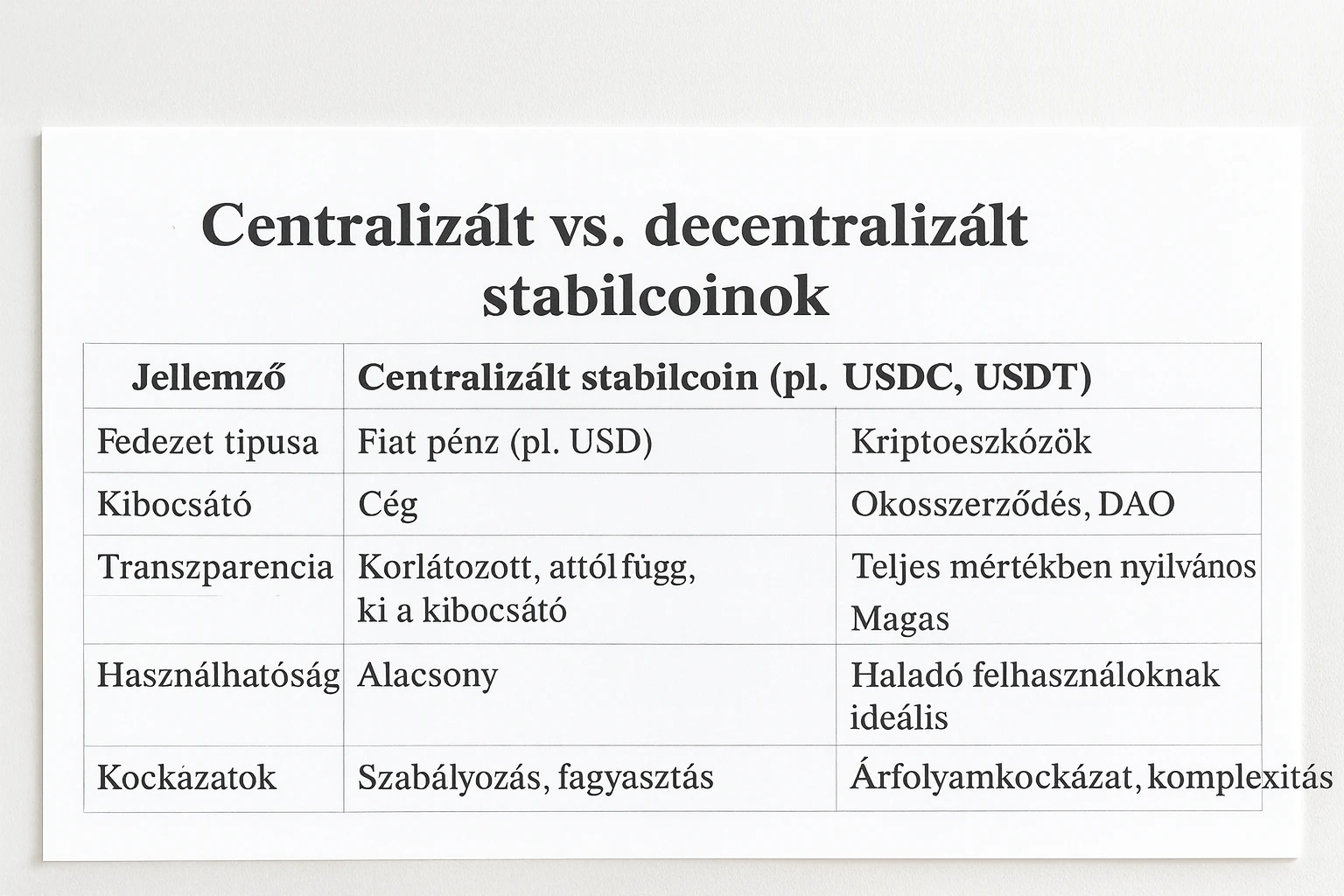centralizált decentralizált stabilcoinok összehaszonlítás