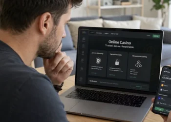 Online kaszinó biztonsági és fizetési lehetőségeinek ellenőrzése laptopon és mobilon.