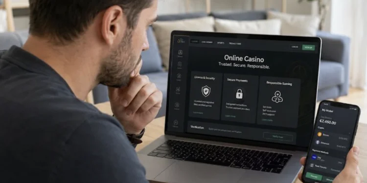 Online kaszinó biztonsági és fizetési lehetőségeinek ellenőrzése laptopon és mobilon.