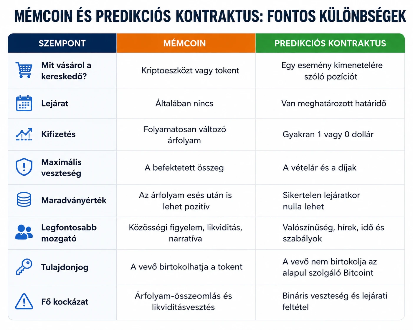 Mémcoin és predikciós kontraktus különbségek